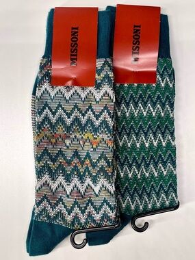 Missoni Men's Teal & Green Zigzag Dress Socks - 2 Pack Small Medium NWT